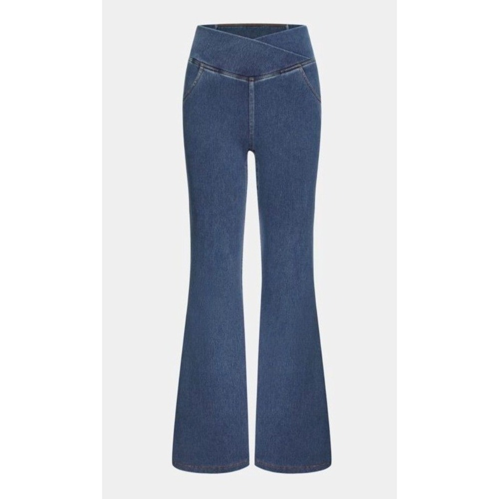 Halara Flex High Waisted Crossover Pocket Flare Jean Womens L Petite Blue Denim
